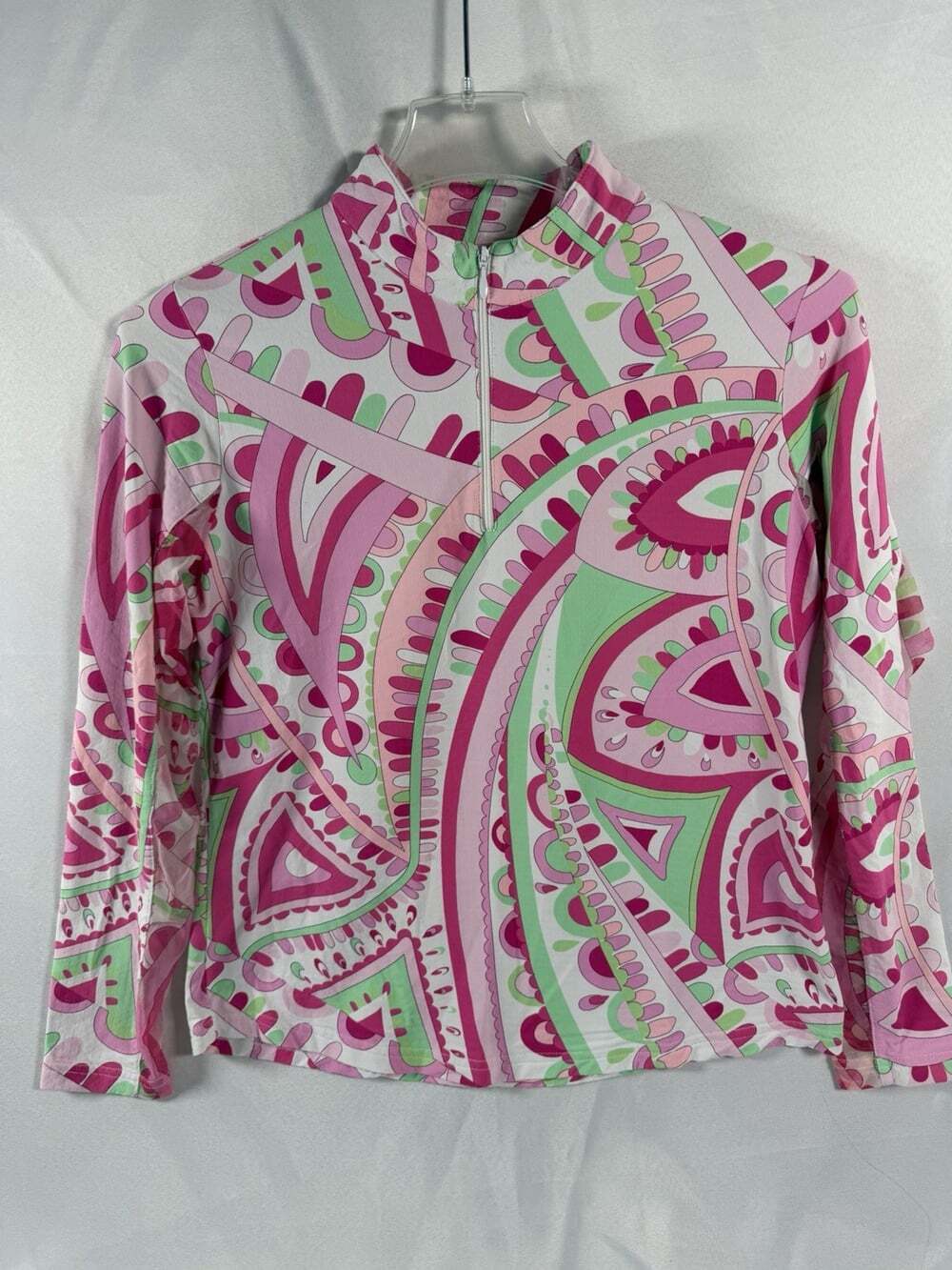 Icikuls Shirt Womens LARGE Pink Mesh Long Sleeve 1/4 Zip Mock Neck Large